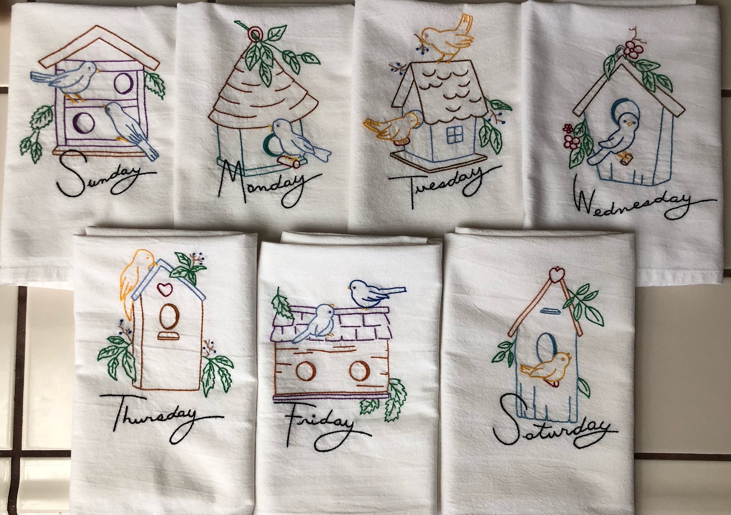 Set of 7 Hand Embroidered Kitchen Towels With Bird House, Day of the