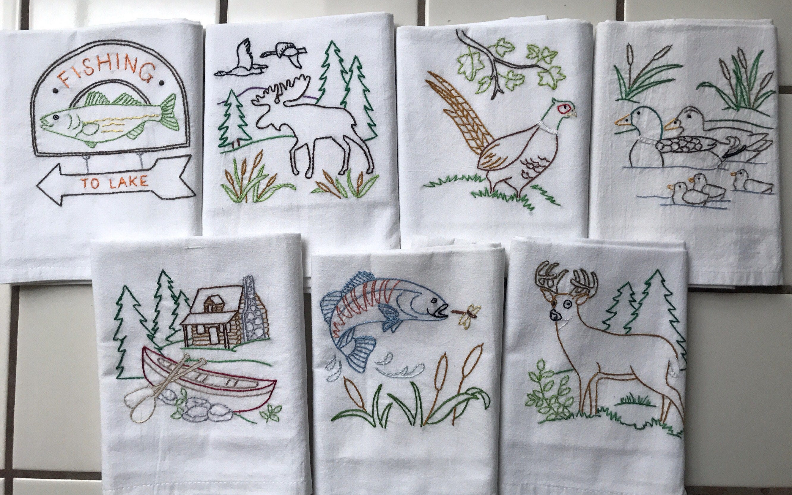 Set of 7 Hand Embroidered Kitchen Towels With Outdoor Living Theme. Flour  Sack Tea Towels. Days of the Week. Bear, Fishing, Camping, Moose 