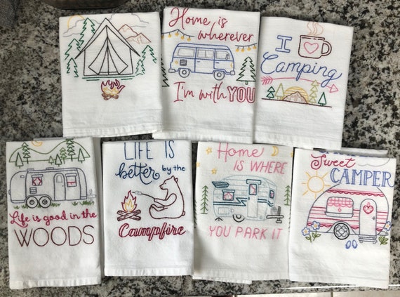 Camping FARMHOUSE 32 FLOUR SACK Designs Tea Towel Designs, Hand
