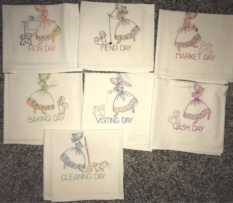 Embroidered Set Of Lovely Red Hat Lady Designs On Flour Sack Kitchen Towels Tea Towels Home Living Vadel Com