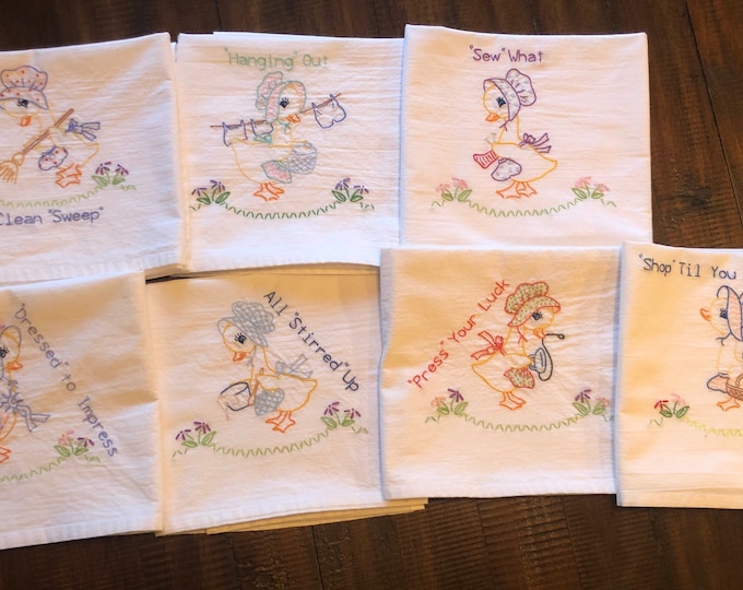 Set of 7 Hand Embroidered Kitchen Towels With ducks Theme, Flour Sack