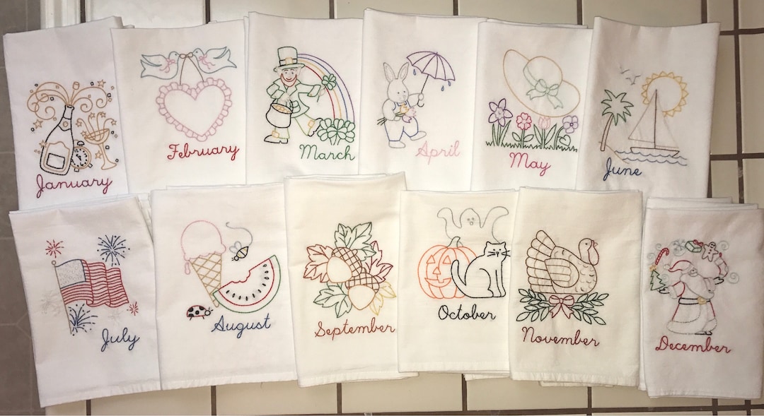Set of 12 Hand Embroidered Kitchen Towels, Months of the Year Theme