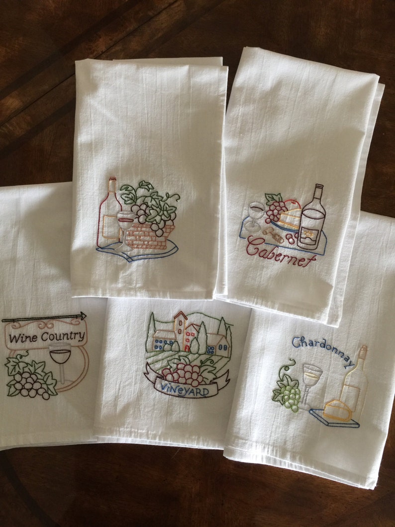 Set of 7 Handmade Embroidered Kitchen Towel Set With Wine Decoration