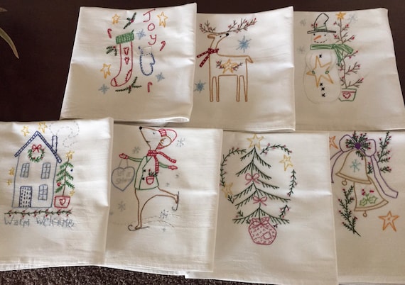 Set of 7 Hand Embroidered Kitchen Tea Towels with Primitive | Etsy