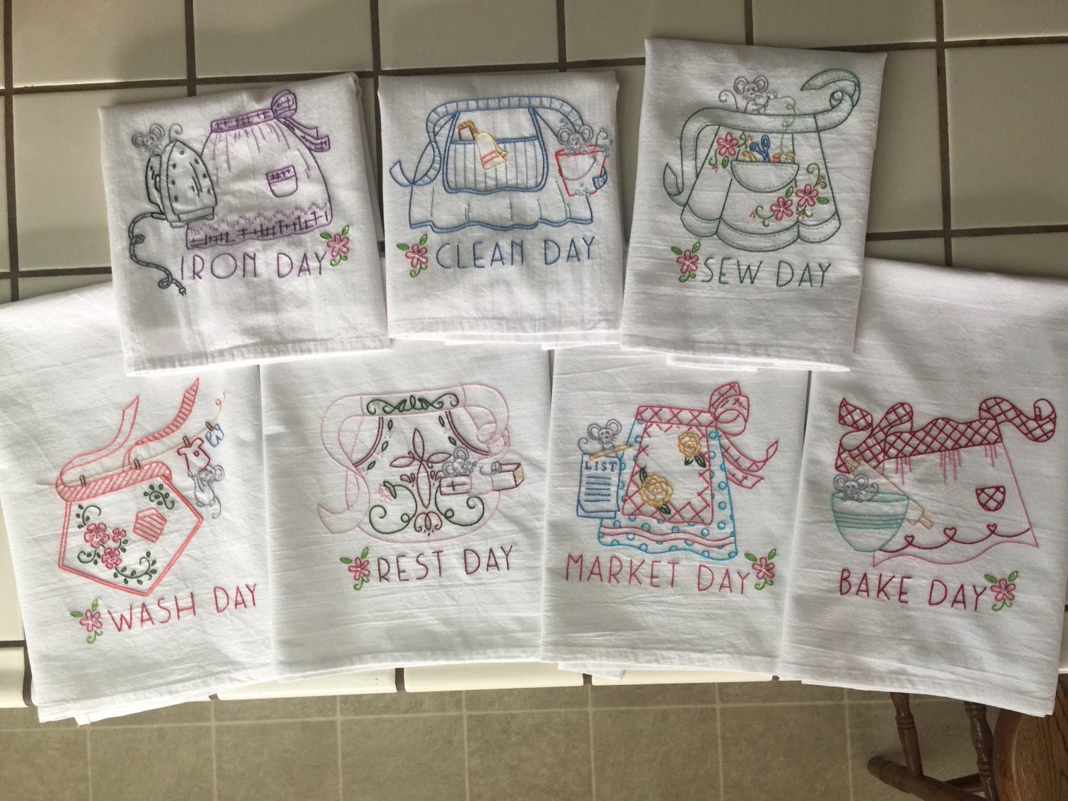 Set of 7 Hand Embroidered Kitchen Towels With Apron Days of the