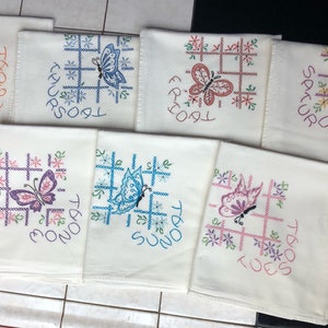 Set of 7 Hand Embroidered Kitchen Tea Towels with Butterfly theme Dish Drying, Flour Sack Towels