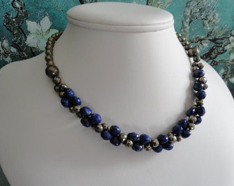 Metallic Pyrite and blue Lapis necklace and earring set - #449