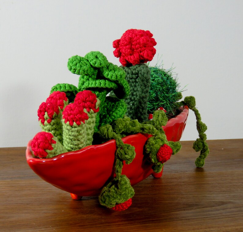 miniature garden, Amigurumi cactus in red gondola pot and crochet succulent red flowers faux plant