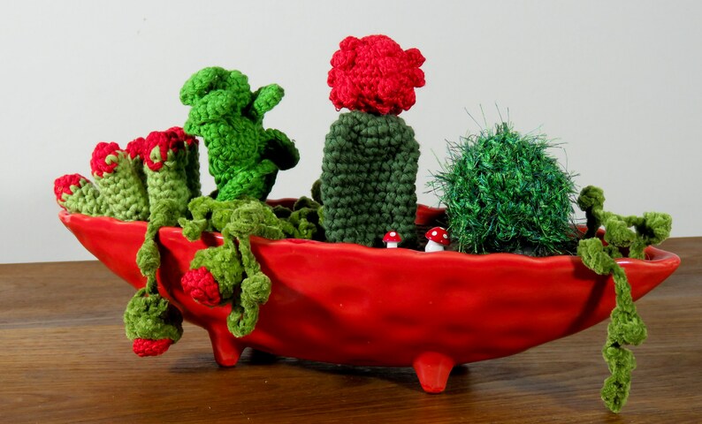 miniature garden, Amigurumi cactus in red gondola pot and crochet succulent red flowers faux plant