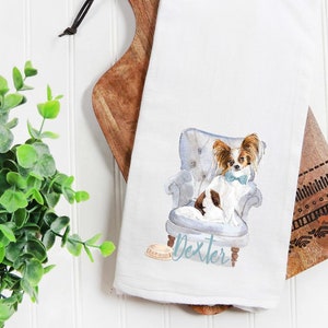 Custom Papillion flour sack towel, tea towel, gift, dog mom, dog dad, personalized name, pet name gift, watercolor pet portrait,