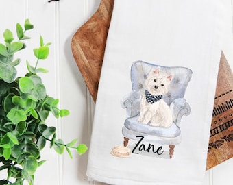 Custom Westie flour sack towel, gift, dog mom, dog dad, personalized name, pet name gift, watercolor pet portrait, floral crown