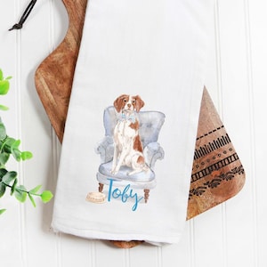 Custom Brittany Spaniel flour sack tea towel, dog mom, dog dad, personalized name, pet name gift, watercolor pet portrait