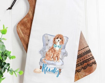 Custom Cavapoo flour sack towel, dog mom, dog dad, personalized name, pet name gift, watercolor pet portrait, bow tie, Cavoodle