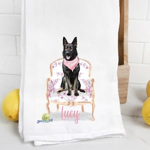 Custom Black German Shepherd  flour sack towel, tea towel, dog mom, dog dad, mutt, personalized name, pet name gift, watercolor pet portrait