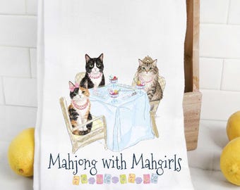 Toalha de chá Mahjong com estampa de gato Mahgirls