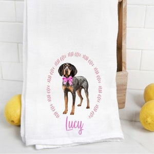 Custom Bluetick Coonhound Tea towel, dog mom, dog dad, personalized name, watercolor pet portrait