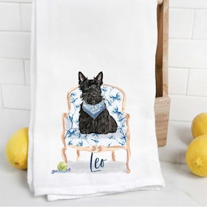 Custom Scottish Terrier flour sack towel, tea towel, dog mom, dog dad, personalized name, watercolor pet portrait,