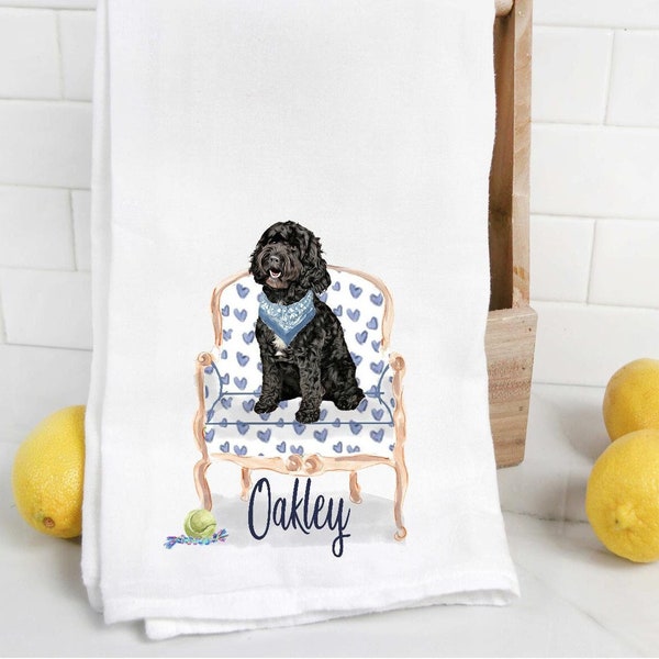 Custom Black and White Cockapoo Tea towel, dog mom, dog dad, personalized name, watercolor pet portrait, labradoodle