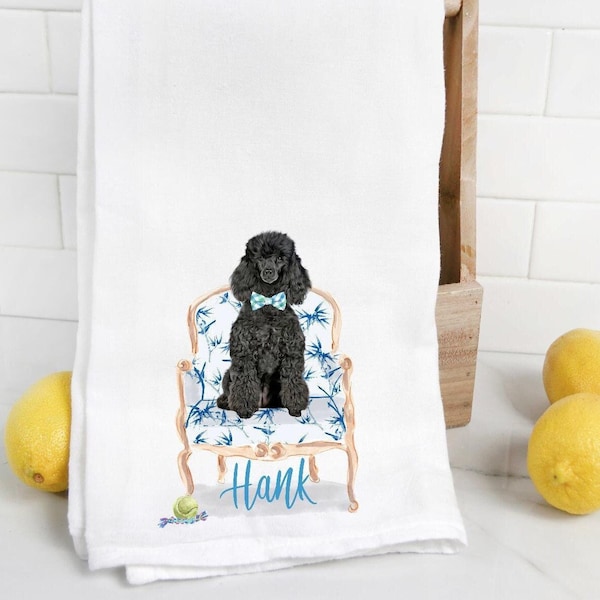 Custom Black Poodle flour sack towel, tea towel, dog mom, dog dad, personalized name, watercolor pet portrait