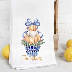 Personalized Fall Chinoiserie Pumpkin Tea Towel, hostess gift, thanksgiving,