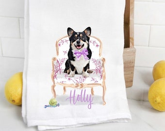 Custom Corgi 4 flour sack towel, tea towel, dog mom, dog dad, personalized name, watercolor pet portrait