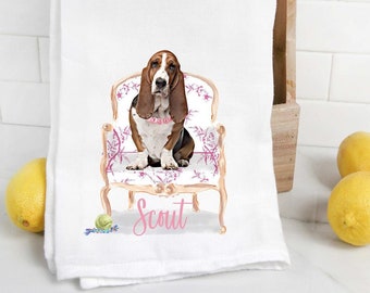 Custom Basset Hound flour sack towel, tea towel, dog mom, dog dad, personalized name, watercolor pet portrait,