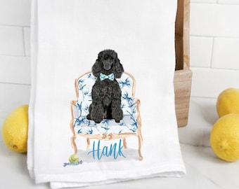 Schwarz Pudel Mehlsack Handtuch, Geschirrtuch, Hundemama, Hundepapa, personalisierter Name, Aquarell Haustier Porträt