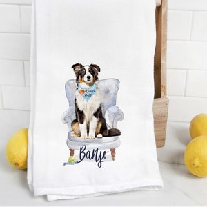 Custom Australian Shepherd 4 flour sack towel, tea towel, dog mom, dog dad, personalized name, labradoodle, watercolor pet portrait