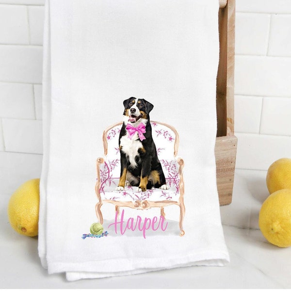 Custom Greater Swiss Mountain Dog 1 Tea towel, dog mom, dog dad, personalized name, watercolor pet portrait