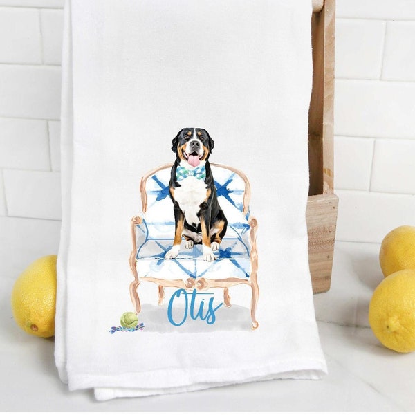 Custom Greater Swiss Mountain Dog 2 Tea towel, dog mom, dog dad, personalized name, watercolor pet portrait