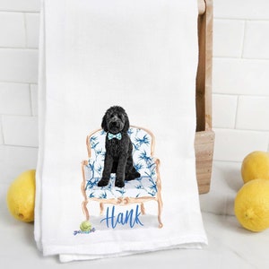 Custom  Black Goldendoodle flour sack towel, tea towel, dog mom, dog dad, personalized name, watercolor pet portrait, labradoodle
