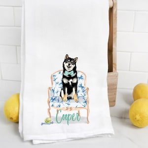 Custom Black Shiba Inu flour sack towel, dog mom, dog dad, personalized name, pet name gift, watercolor pet portrait