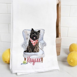 Custom  Black Cairn Terrier flour sack towel, tea towel, dog mom, dog dad, personalized name, watercolor pet portrait