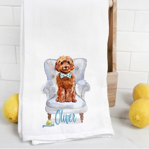 Custom Apricot Cockapoo flour sack towel, mom gift, dog mom, dog dad, personalized name, pet name gift, watercolor pet portrait