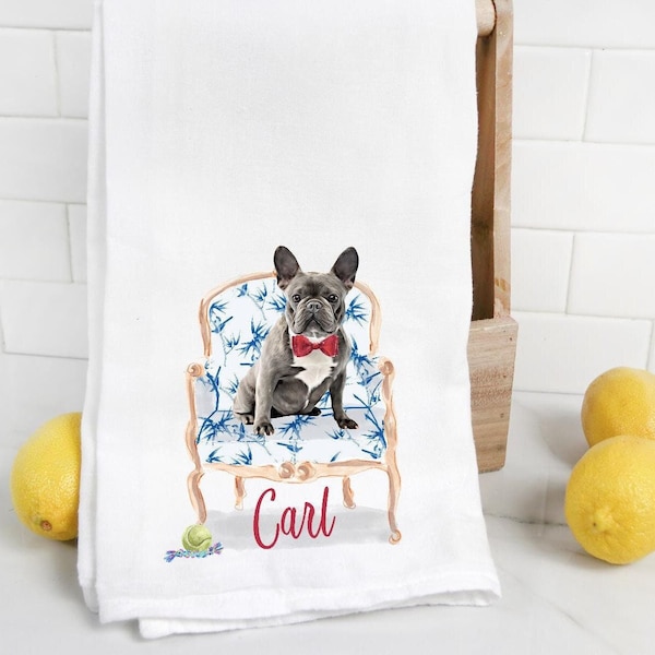 Custom Grey French Bulldog flour sack towel, dog mom, dog dad, personalized name, pet name gift, watercolor pet portrait, frenchie