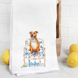 Custom Pit bull flour sack towel, tea towel, dog mom, dog dad, personalized name, watercolor pet portrait, pitbull