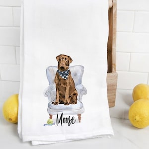 May include: White kitchen towel with a watercolor illustration of a brown Labrador Retriever wearing a blue and white bandana sitting in a white armchair. The dog's name, "Moose", is written in black below the chair.