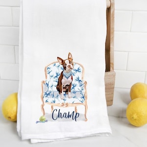 Custom Brown Boston Terrier flour sack towel, tea towel, dog mom, dog dad, personalized name, watercolor pet portrait