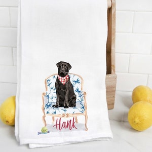 Custom Black Lab flour sack towel, tea towel, gift, dog mom, dog dad, personalized name, pet name gift, watercolor pet portrait, lab