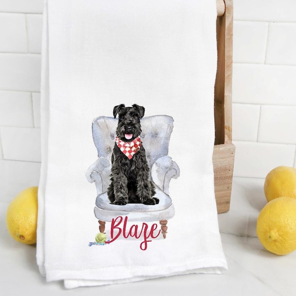 Custom Black Schnauzer flour sack towel, tea towel, dog mom, dog dad, personalized name, labradoodle, watercolor pet portrait