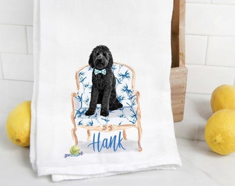 Personalisiertes schwarzes Goldendoodle Mehlsack Geschirrtuch, Hundemama, Hundepapa, Aquarell Haustier Portrait, labradoodle