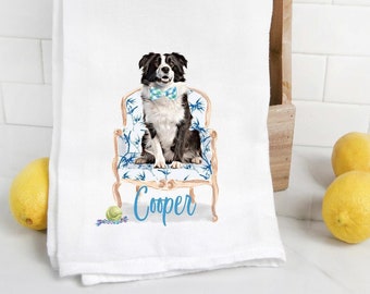 Custom Australian Shepherd 2 flour sack towel, tea towel, dog mom, dog dad, personalized name, labradoodle, watercolor pet portrait