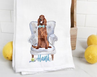 Custom Irish Setter 1  flour sack towel, tea towel, dog mom, dog dad, personalized name, watercolor pet portrait