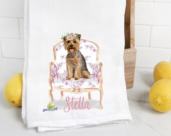 Custom Yorkie flour sack towel, dog mom, dog dad, personalized name, pet name gift, watercolor pet portrait, Yorkshire Terrier