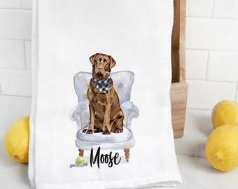 Custom Chocolate Lab flour sack towel, tea towel, gift, dog mom, dog dad, personalized name, pet name gift, watercolor pet portrait, lab