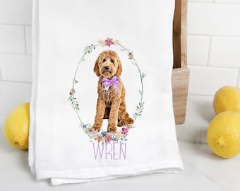 Custom Goldendoodle flour sack towel, tea towel, dog mom, dog dad, personalized name, watercolor pet portrait, labradoodle