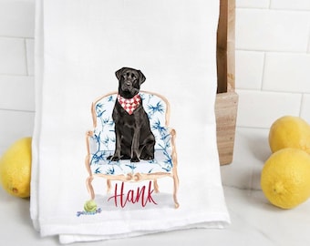 Schwarzes Labrador Mehlsack Handtuch, Geschirrtuch, Geschenk, Hund Mama, Hund Papa, personalisierter Name, Haustier Name Geschenk, Aquarell Haustier Porträt, Labrador