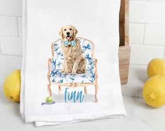 Custom Golden Retriever 2 flour sack towel, tea towel, dog mom, dog dad, personalized name, labradoodle, watercolor pet portrait