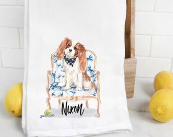 Benutzerdefiniertes Tan King Charles Cavalier Spaniel Mehlsackhandtuch, Hundemama, Hundevater, personalisierter Name, Haustiername Geschenk, Aquarell Haustierportrait