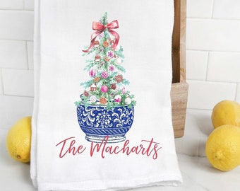 Personalized Chinoiserie Christmas Tea Towel, Kitchen Towel